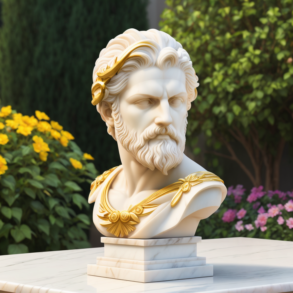 white marble bust of zeus with gold accents, flower garden background, photo realistic, 50mm lens, highly detailed