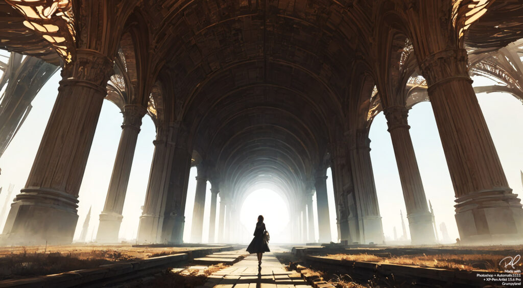 Woman walking down an ancient ruined roads covered by grand architecture