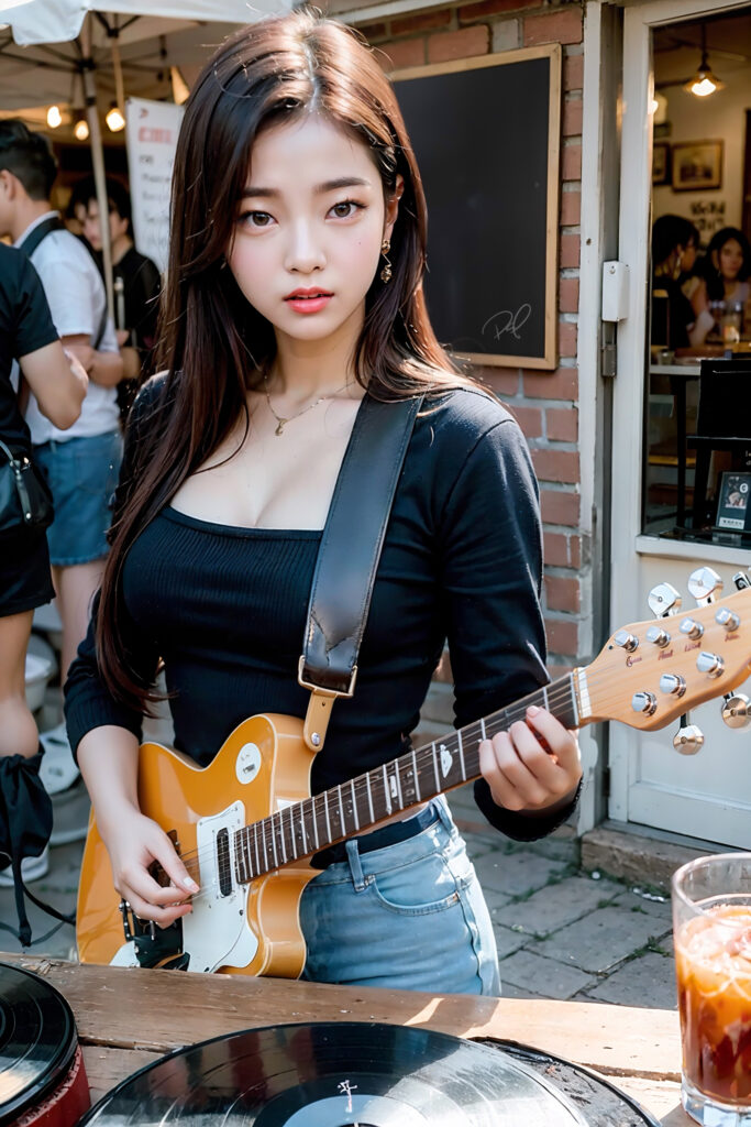 Realistic drawing of a girl playing a guitar in a vintage theme street