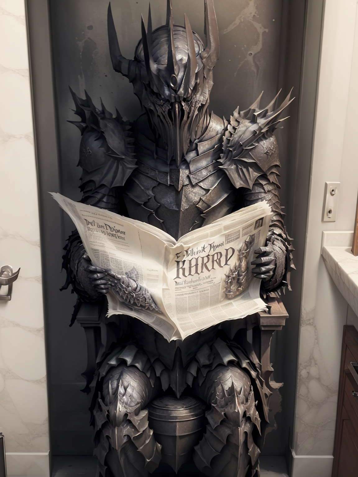 Dark Lord Sauron sitting on a toilet in the bathroom